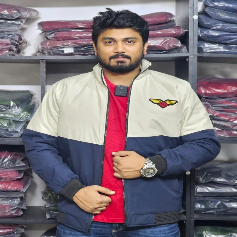 Winter high neck saskin padding jacket - Cream & Navy Blue