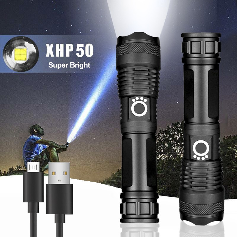 Rechargeable Waterproof Zoom LED Flashlight USB Torch Light (XHP 50)
